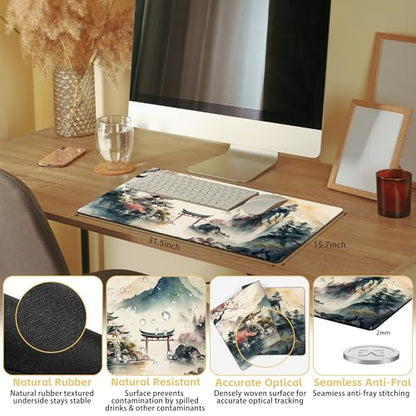 Japanese Mountain Desk Mat Large Mouse Pad Gaming Mousepad 31.5 x 15.8 in | Desk Pad for Keyboard and Mouse, Large Non-Slip Rubber Base Mousepad Desk Mat with Stitched Edges for Gaming Office - color: Japanese Lake and Mountains