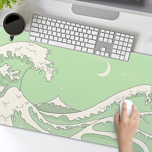 Matcha Green White Japanese Anime Gaming Mouse Pad XL Cute Kawaii Sage Aesthetic Wave Extended Large Desk Mat Non-Slip Rubber Base Stitched Edge Keyboard Mousepad for PC Office Laptop,31.5×11.8 in - color: Green Wave, size: X-Large