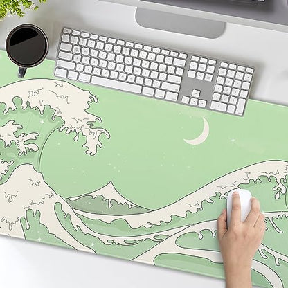 Matcha Green White Japanese Anime Gaming Mouse Pad XL Cute Kawaii Sage Aesthetic Wave Extended Large Desk Mat Non-Slip Rubber Base Stitched Edge Keyboard Mousepad for PC Office Laptop,31.5×11.8 in - color: Green Wave, size: X-Large