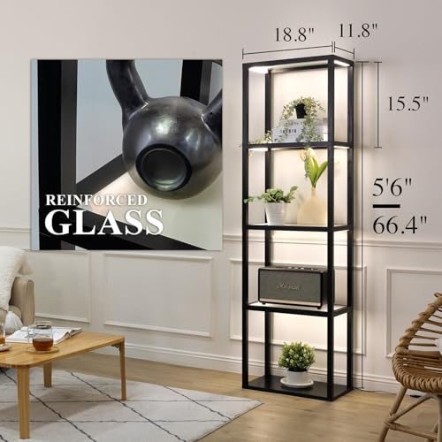 Glass Display Shelf with Remote/APP Control, Curio Cabinet for Collectibles with Light, Modern Shelf Floor Lamp with Adjustable Color Temps for Living Room, Bedroom
