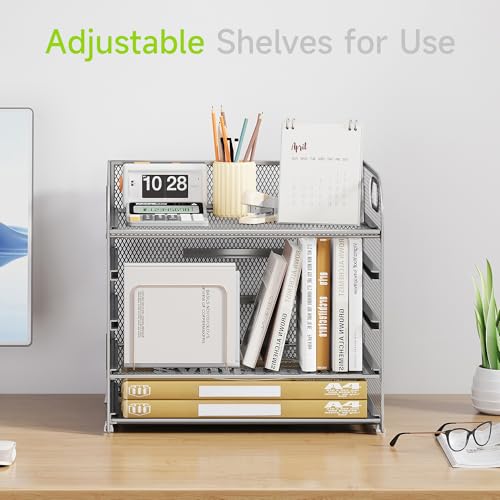 Cawukege 5 Tier Paper Organizer with Handle, Silver Metal Mesh Desk Organizer File Folder Paper Letter Tray Desktop Document Sorter for Classroom, School, Office Accessories Organization and Storage - color: Silver