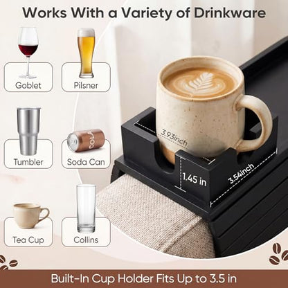Bamboo Couch Arm Tray Table with Built-in Cup Holder, Foldable Anti-Slip Sofa Armrest Table for Drinks, Phone & Remote, Fits 4.7–16.9 in Armrests, Holds Cups up to 3.5 in Diameter (Black) - color: Black