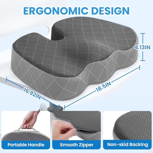 TushGuard Office/Car Seat Cushion, Non-Slip Sciatica & Back Coccyx Tailbone Pain Relief Chair Pad, Memory Foam Butt Pillow for Computer Desk, Wheelchair, Driving (Black&Grey, XX-Large) - color: Dark&light Grey, size: XX-Large
