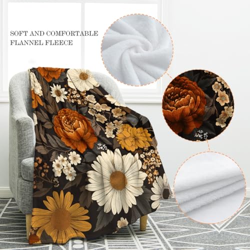 Jekeno Retro Colorful Flowers Blanket Floral Gifts for Women Kids Girls Mom Wife Sister Female Friends Birthday Christmas Halloween Easter Decor Home Bedroom Living Room Throw Blanket 60"x80" - color: Brown Orange, size: 60"x80"
