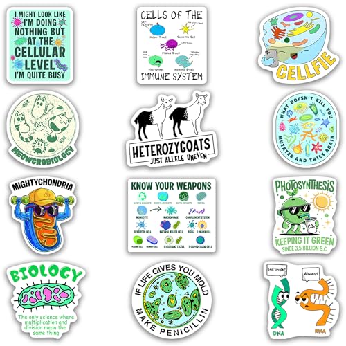 Biology Stickers 12pcs for Students Teens, Science Stickers Biology, Cell DNA Microbiology Stickers, Waterproof Stickers for Laptop Water Bottle - color: Biology