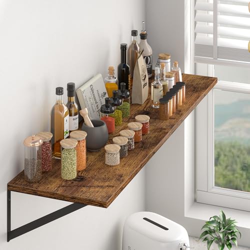 Heimlove Deep Floating Shelves for Wall, 20W x 12D Wood Wall Shelves Set of 2, Wide Floating Bookshelf for Living Room, Kitchen, Office, Bedroom and Decor Storage, with Metal Bracket - Rustic Brown - color: Rustic Brown With Black Metal Bracket, size: 20w