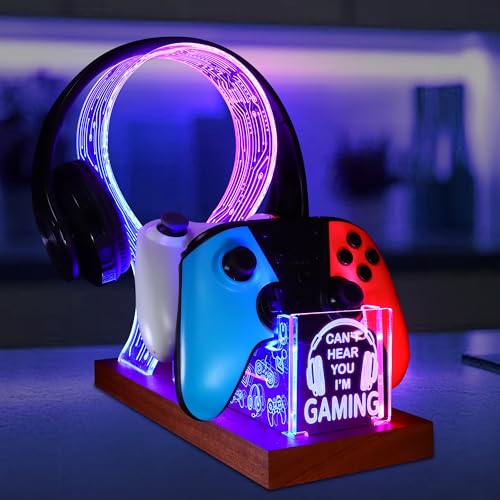 YuanDian Gamer Gifts for Teenage Boy, Can't Hear You I'm Gaming Headset and Controller Stand, Acrylic Wooden Controller Holder with Blue Pink LED Night Light, Desk Decor Gift - color: color GAMING