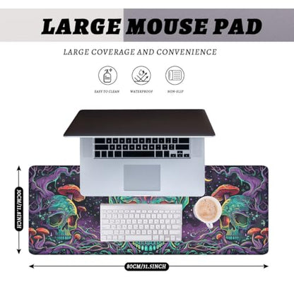 Psychedelic Skull Gaming Mouse Pad Neon Trippy Art Large Desk Mat Extended Large Laptop Keyboard Non-Slip Rubber Base with Stitched Edges for Home Office Computer Keyboard Laptop 31.5"x11.8" - color: Psychedelic Skull