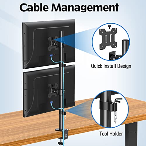 MOUNTUP Dual Monitor Stand, Vertical Monitor Mount for 2 Max 32 inch Stack Screen Monitors, Height Adjustable, Swivel, Tilt Monitor Desk Mount with C Clamp Grommet Base, Home Office - size: Dual