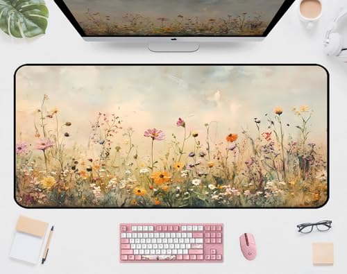 Beige Watercolor Flower Desk Mat, Oil Painting Style Desk Matt, Plant Flower Mouse Mat, Game Desktop Cover Mat, Women's Laptop Keyboard and Mouse Pad, Bohemian Office Desk Decor 31.5"X15.7" - color: Watercolor Wildflowers