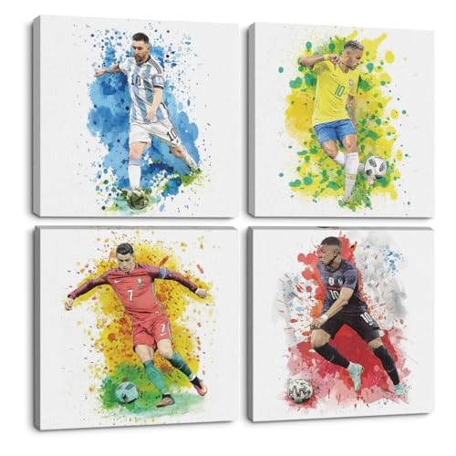4PC Watercolor Canvas Wall Art Framed Art Famous Soccer Superstar Room Decor Inspirational Sports Paintings Soccer Gifts Wall Decor Prints Picture for Boys Room Sports Club Home Decor 7.9x7.9 inch - color: Multi 1067