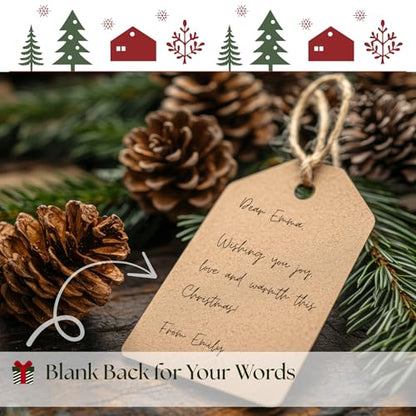 Christmas Gift Tags - 80 Kraft-Style Gift Tags with String, 8 Modern Script Designs - Thick Cardstock Christmas Lables & Name Tags - style: Kraft