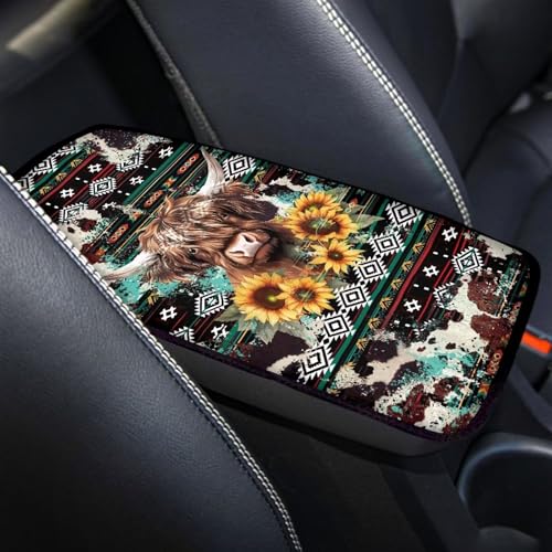 Wanyint Aztec Highland Cow Sunflower Auto Center Console Armrest Pad Theme Seat Box Cover Universal Fit Car Armrest Cover Cushion Mat for Sedan, Van, SUV - color: Aztec Highland Cow Sunflower