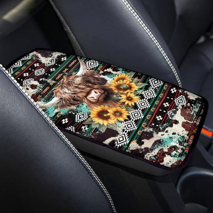 Wanyint Aztec Highland Cow Sunflower Auto Center Console Armrest Pad Theme Seat Box Cover Universal Fit Car Armrest Cover Cushion Mat for Sedan, Van, SUV - color: Aztec Highland Cow Sunflower
