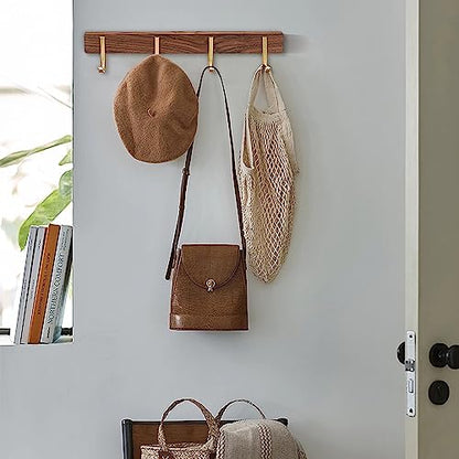 Wall Mounted Coat Rack, Entryway Hanging Coat Rack, Metal Wood Coat Rail with 4 Rustic Hooks Rail for Coat, Scarf, Bag, Towel, Key, Cap, Hat, Walnut Gold Matt - size: 4 Hooks - J Shape