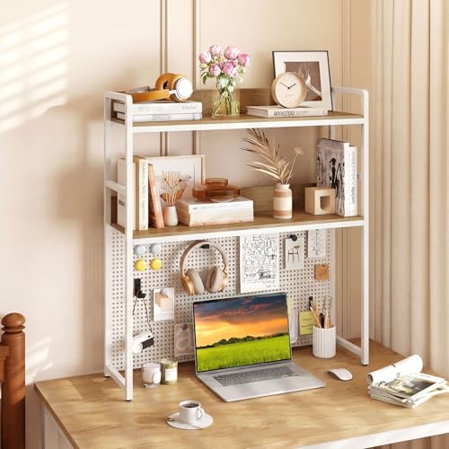 Giantex Desktop Bookshelf, 2-Tier Desk Hutch Dorm with Pegboard for up to 32" Computer Monitor, Industrial Countertop Storage Organizer Rack, Desk Shelf for Home Office (Natural) - color: Natural