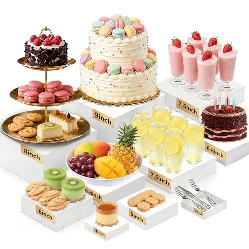 10PCS Buffet Risers and Stands,9" 8" 7.5" 7.5" 6.8" 6.8" 6" 5" 4" 4" Multi-Size Food Risers for Buffet Table, Acrylic Tiered White Display Stand for Dessert,Jewelry,Collectibles,Catering - color: 10PCS White