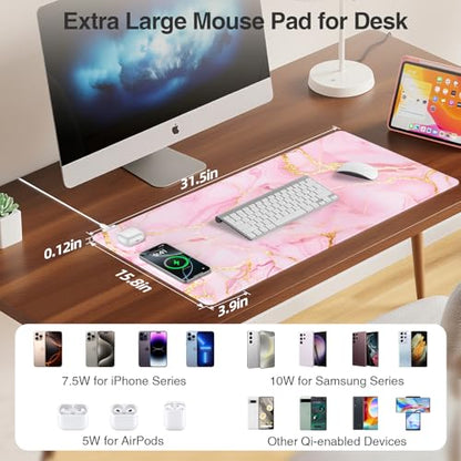 Pink Marble Mouse Pad with 15W Wireless Charging, 31.5"x15.8" Large Gaming Desk Pad/Mat for Women Girls, Waterproof Ultra-Smooth Surface, Non-Slip Base - color: Pink Marble-31.5"x15.8"