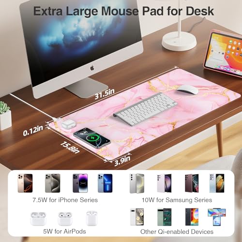 Pink Marble Mouse Pad with 15W Wireless Charging, 31.5"x15.8" Large Gaming Desk Pad/Mat for Women Girls, Waterproof Ultra-Smooth Surface, Non-Slip Base, with 20W PD Adapter - color: Pink Marble-31.5"x15.8"(with Wall Charger)