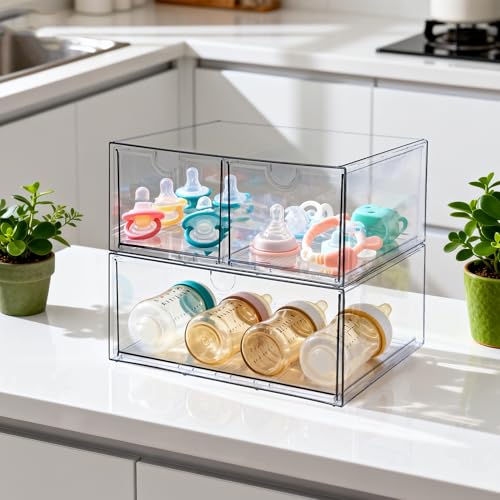 Prsildan Acrylic Drawer Makeup Organizer with 3 Drawers, Clear Stackable Storage for Baby Bottles, Craft, Jewelry & Hair Accessories, Multi-Use for Vanity, Countertop, Office Desk Organization - style: 3 Drawers