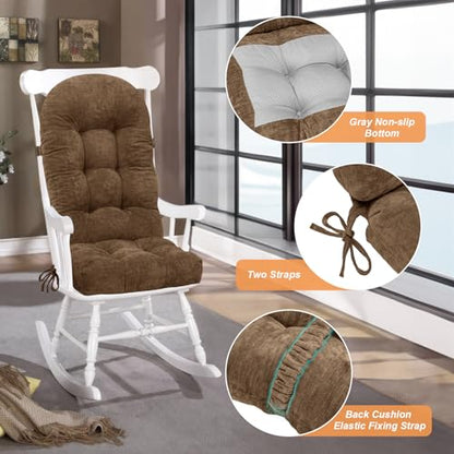 Rocking Chair Cushion - Chenille Fabric, High-Density Sponge, Durable Comfort Non-Slip Bottom Tufted Seat Pads with Ties, Chenille︱Brown, 44x19x4 inch - color: Chenille | Brown