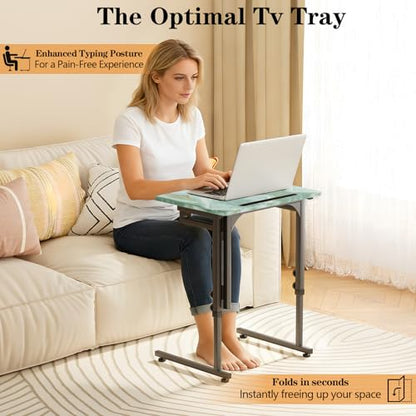 Adjustable Height Tv Tray Table,Portable Folding Tv Tray Dinner Snack Trays Table,Small Foldable C-Shaped End Table for Eating,Slide Under Couch Side with Sturdy MDF Top,No Assembly(Sea Blue+Black) - color: Sea Blue+black