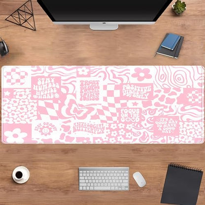 Pink Boho Desk Pad XL Large Gaming Mouse Pad Retro Hippie Boho Desk Mat with Stitched Edges, Non-Slip Rubber Base Mousepad Computer Laptop Keyboard Mouse Mat Desktop Protector Pad 31.5x11.8 in - color: Pink Hippie Boho, size: 31.5" x 11.8"