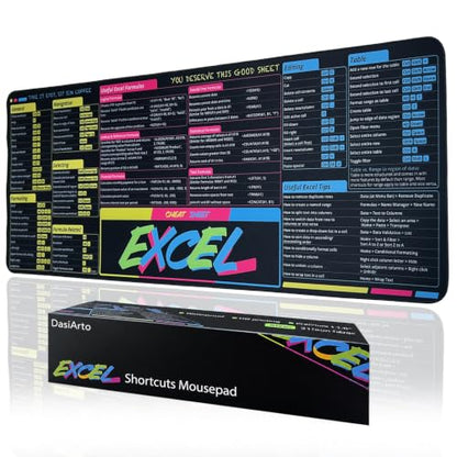 Excel Shortcuts Mousepad, Large Excel Mouse Pad for Desk Water-Resistant Office Mousepad with Stitched Edge and Anti-Slip Base (Blue/Pink/Yellow) - color: Blue/Pink/Yellow