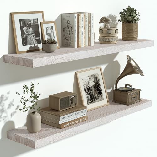 Flat Edge Elm Wood Floating Shelf with Invisible Bracket 36”Weathered White - color: Weathered White, size: 36”,set of 2