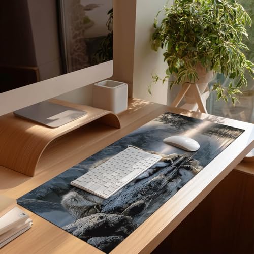 HOMETITUTE XL Mouse Pad Wolf Lake Nature Art Gaming Mousepad 31.5x11.8 Inch Non-Slip Keyboard Desktop Protector Mat Diatomite Large Mouse Pad for Home and Office Desk Accessories - color: Wolf Lake Nature Art