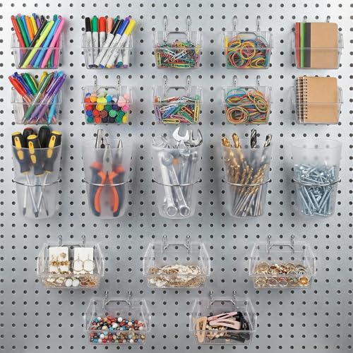 20 PCS Pegboard Cups Bins Set with Hooks & Loops, Pegboard Wall Organizer Assortment Organizer Accessory for Garage Craft Workshop Workbench Hobby Office(Transparent)