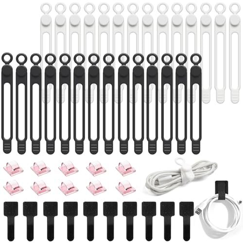 48Pcs Cord Organizer Kit, Reusable Silicone Cable Ties, Strong Adhesive Cable Clips for Cable Management, Multipurpose Wire Management for Bundling and Fastening Various Wires (Black, White) - color: Black, White-48pcs