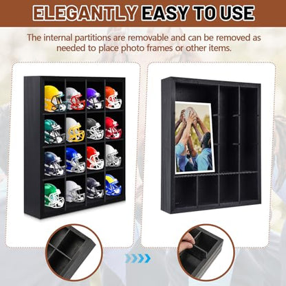 Colingmill 1 Pack Mini Helmet Display Case Pocket Size Football Helmets Wooden Stand Display Cabinet Wall Racks, 11.54"x10.35"x2.4", 4x4 Grid, Black, No Door No Cover(Black) - color: Black