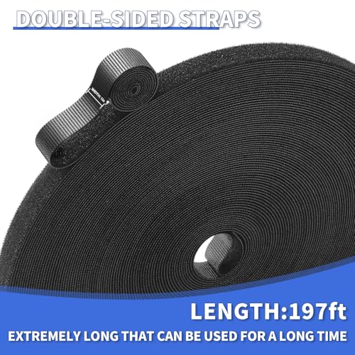 1/2In x 197Ft Reusable Cable Ties Hook and Loop Roll | Tie Down Straps, Nylon Double-Sided Strips, | Adjustable Multi-Purpose Wrap Fasteners forOffice, Home, Data Center - size: 1/2Inx197Ft