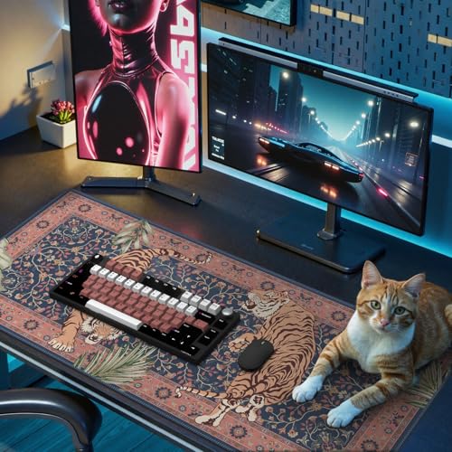 Tiger Desk Matt for Desktop, Floral Gaming Cute Desk Mat, Non Slip Keyboard and Mouse Pad, Stitched Edges Large Desk Pad, Desk Mat for Home Office 35.4 x 15.7 Inches (Pink) - color: Multi/Pink