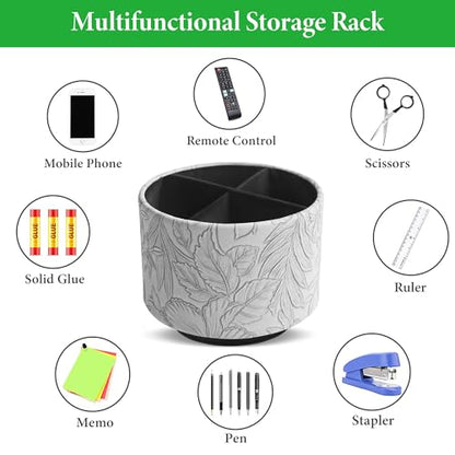 Round Leather Art Supply Organizer,Remote Control Holder,360 Degree Spinning,Multi-Functional Pencil Holder,4 Compartments Desktop Stationary Organizer(1-Carved Grey) - color: 1-Carved Grey