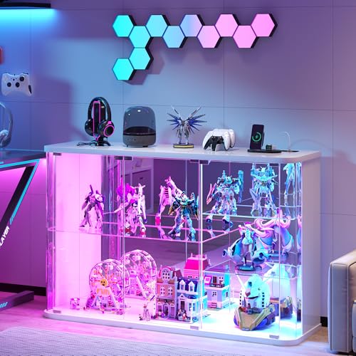 Dystler Glass Display Cabinet with RGB Lights, Display Case Rounded Design | LED Curio Cabinet for Collectibles, Human Sensor Design, Glass Cabinet for Storage Action Figures/Trophy/Medal, White - color: High-gloss White