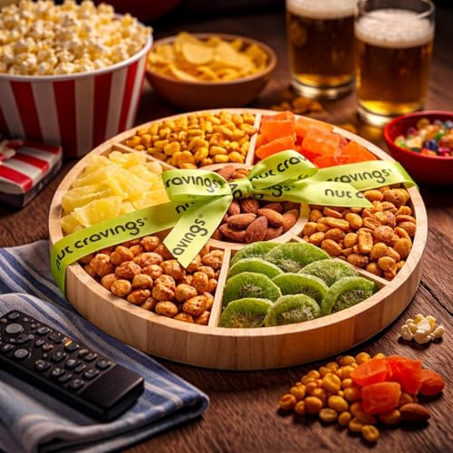 NUT CRAVINGS - Dried Fruit & Mixed Nuts Gift Basket in Reusable Round Wooden Tray + Ribbon (7 Assortments) Food Arrangement, Healthy Snack Care Package, Kosher Treats for Adults - style: 6. Dried Fruits & Nuts Round Wooden Tray