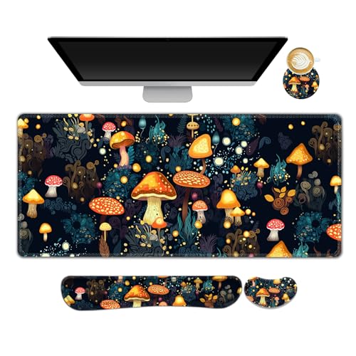 ARTSO Large Gaming Mouse Pad, Keyboard Wrist Rest Pad & Wrist Support Mousepad Set, Stitched Edge, Extended, Non-Slip Base, Memory Foam Desk Mat for Office, Home, Cute Mushrooms - color: Cute Mushrooms