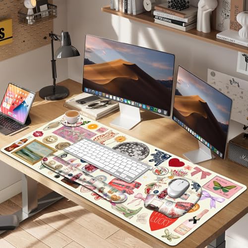 Beige Mouse Pad with Wrist Support 4 in1 Set, XXL Big Game Mousepad + Keyboard Wrist Rest + Mouse Wrist Rest Pad +Coaster Gaming Mat for Home Office Work Computer I Cute Design Stickers - color: Cute Design Stickers
