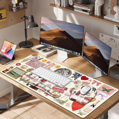 Beige Mouse Pad with Wrist Support 4 in1 Set, XXL Big Game Mousepad + Keyboard Wrist Rest + Mouse Wrist Rest Pad +Coaster Gaming Mat for Home Office Work Computer I Cute Design Stickers - color: Cute Design Stickers