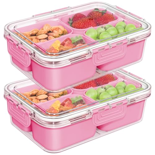 Small Snack Box Container, Updated PP Dishwasher Safe Divided Serving Tray with Lid, 4 Compartment Snack Box Container for Candy, Fruits, Charcuterie, Travel & Parties, BPA-Free, 2 Pack - color: Pink 2 Pack
