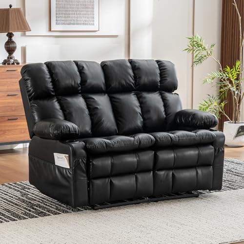 Loveseat Recliner Sofa with Massage & Heat, Wall Hugger Reclining Love seat with Adjustable Headrest, RV Double Recliner Couch with Cup Holders, Side Pockets, Home Theater Seating, Black - color: Black, size: Loveseat