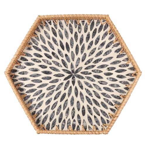 Hexagon Rattan Tray with Mother of Pearl Inlay, Rattan Serving Tray for Coffee, Bread, Fruits, Snacks, Decorative Wicker Tray for Table Decor, Home Decor (Black Leaves, 14.5"×12.8") - color: Black Leaves
