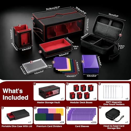 7-in-1 Commander Deck Box with Battle Case, 6-Deck Modular Card Storage Vault for MTG, Holds 600+ Double-Sleeved Cards, 35PT Magnetic Card Holders & 24 Dividers for TCG Game Night & Tournament