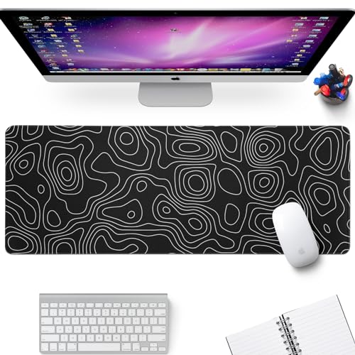Black Topography Contour Gaming Mouse Pad Large Anime Topographic Map Mousepad Extended Mouse Pad Gaming Big Desk Pad Keyboard Pad with Stitched Edge Non-Slip Rubber Base - color: Black Topographic Map 01