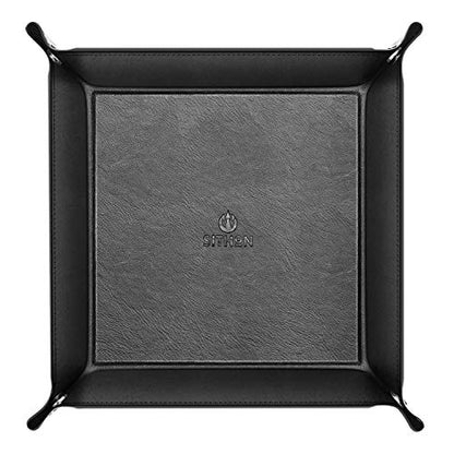 SITHON Valet Tray Desktop Storage Organizer - Multi-Use PU Leather Catchall Tray Bedside Nightstand Caddy Dice Holder for Keys, Phone, Wallet, Coin, Jewelry, Traveling and More, Black