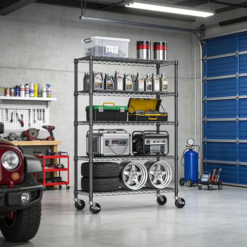 IZEUK 5-Tier Heavy Duty Metal Shelving Unit, Adjustable Steel Wire Storage Rack for Garage, Kitchen, Basement, Laundry Room & Office, Black, 17.7" D x 47.2" W x 72.3" H, 1750 lbs Capacity - color: Black, size: 17.7" D x 47.2" W x 72.2" H