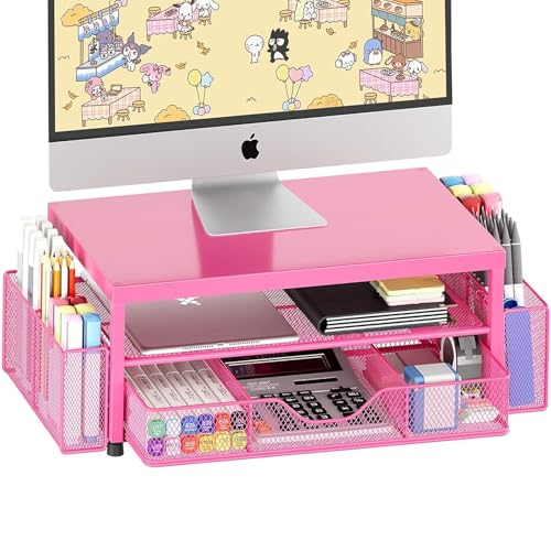 OPNICE Desk Organizer and Accessories, 2-Tier Computer Monitor Stand with Drawer and 2 Pen Holders, Laptop Stand, Office Desk Accessories for Office Supplies, Carmine Rose - color: Carmine Rose 1-Pack, size: With Drawer and 2 Pen Holders
