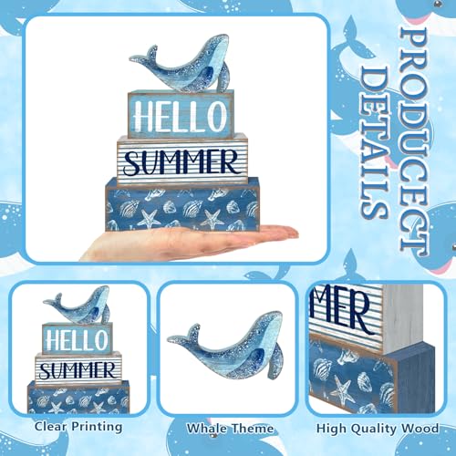 Britimes 4 Pcs Summer Wooden Tiered Tray Decor Set, Ocean Whale Table Decor Rustic Farmhouse Coastal Wood Coffee Table Centerpieces for Home Kitchen Office Decorations (Sea Style) - style: Sea